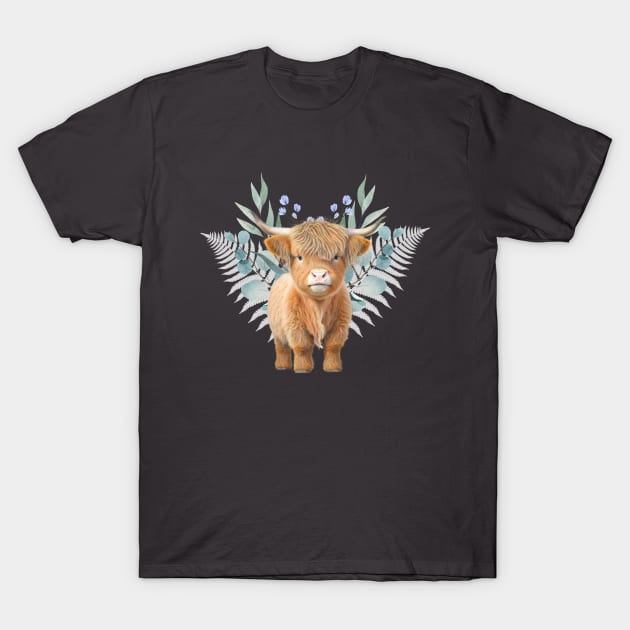 Adorable baby Scottish mountain Cow - beautiful flowers and leaves T-Shirt by Artfully Yours